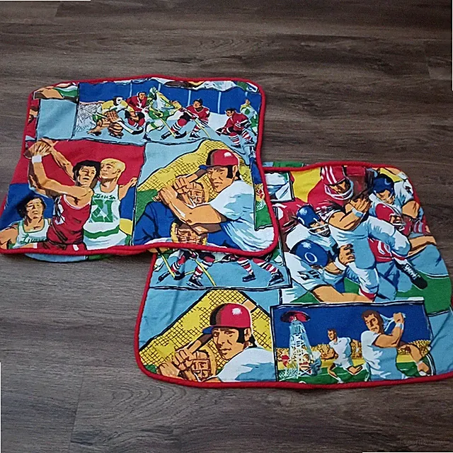 2 Vtg 60s Pillow Shams Cotton Fabric Sports Motif 23 x 17