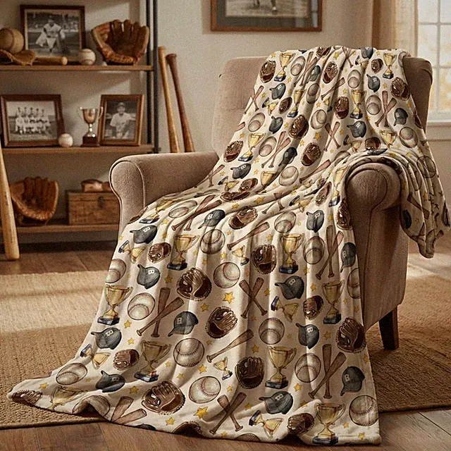 Baseball Flannel Blanket Throw, Brown Baseball Sport Soft Fuzzy Plush Cozy Fl...