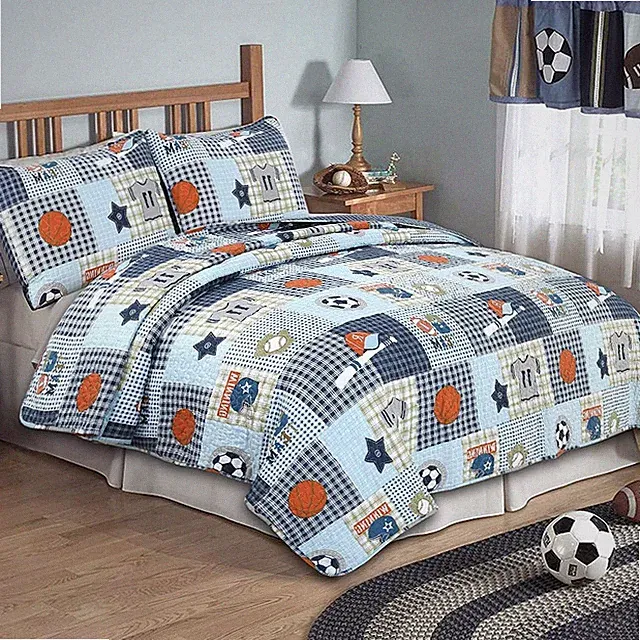 Blue Sports Baseball Basketball Soccer Ball Football Quilt Set Bedspread Coverle