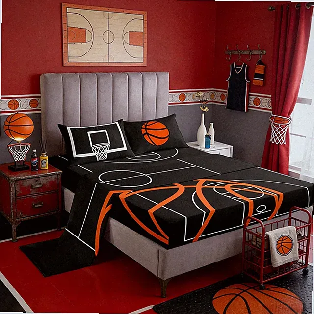 Castle Fairy Basketball Court Print Fitted Sheet Set King Size,Ball Sports Ga...