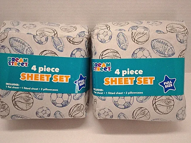 Dream Street Twin Sheet Sets. Two Sets, Sports Themed Full Size, 4 Piece Sets