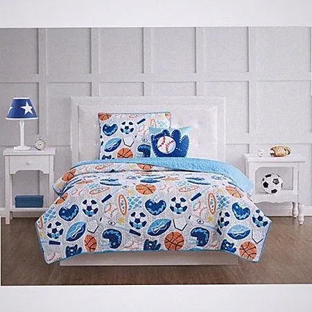My World 3-Pc. Sports All Star Reversible Kids' Gray/Blue Full Quilt Set