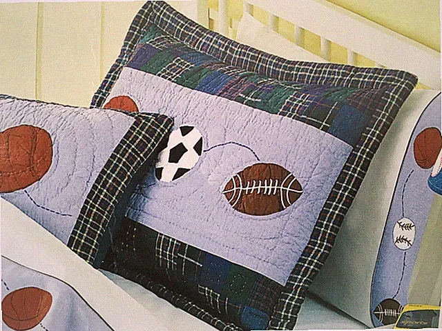 sham SPORTS ACTION ~ standard quilted appliqued football, soccer, b-ball ~ NEW