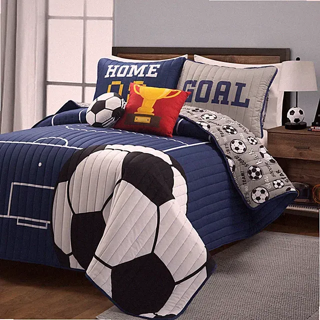 Soccer Field Reversible Bedding Set Full Queen Navy Gray 5 Piece Quilt Set