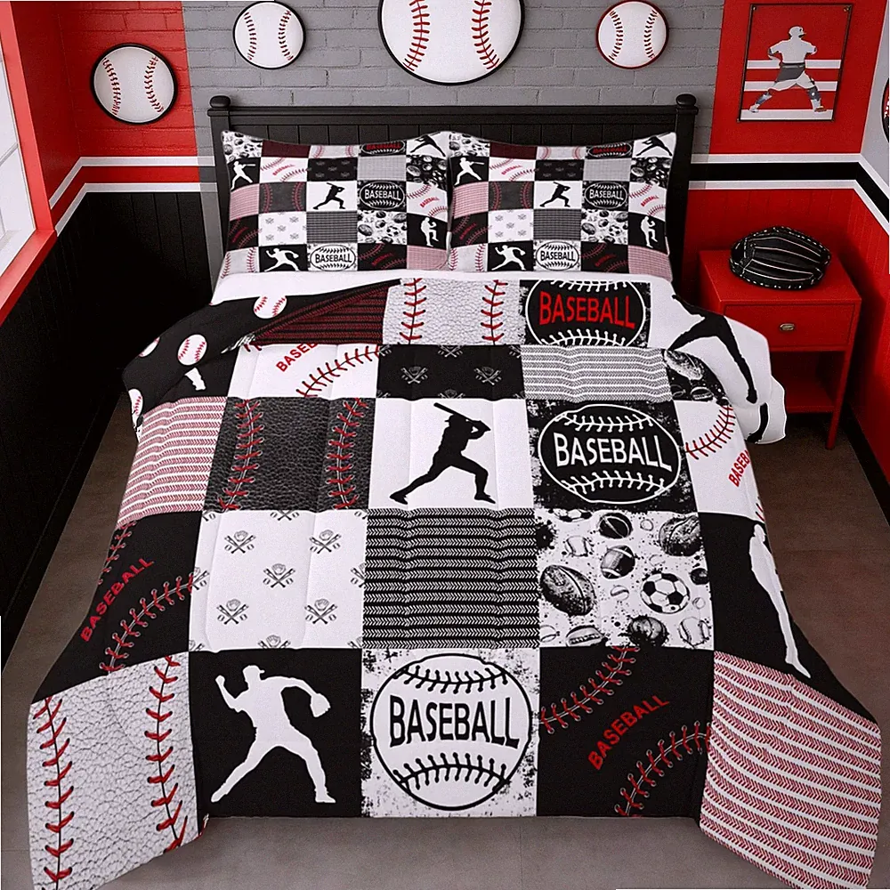 Twin Baseball Comforter Set Softball Bedding Set Sports Game Quilted Comforte...