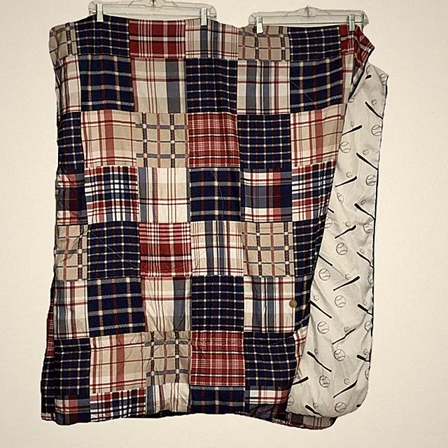 TWIN Size Boys Bedspread Comforter Patchwork Plaid Baseballs Sports Reversible