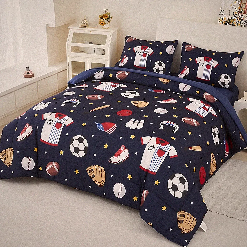 ZSYAYAHA Kids Sports Comforter Set Twin Boys Bedding Set Navy Baseball Footba...